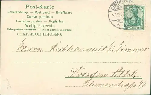  Feilchen und Kleeblätter Prosit Neujahr - Prägekarte 1902 Goldrand