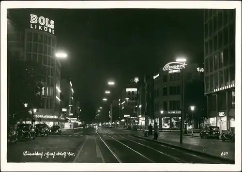 Ansichtskarte Düsseldorf Leuchtreklame Graf Adolfstraße b Nacht 1939 