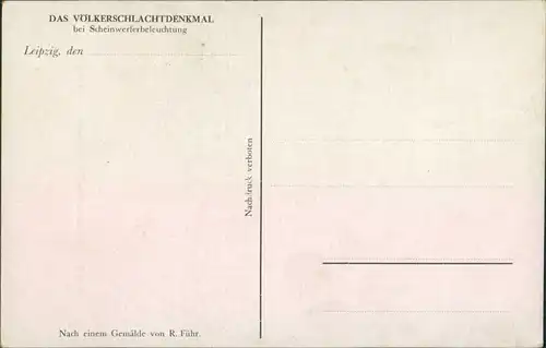 Leipzig Völkerschlachtdenkmal bei Scheinwerferbeleuchtung nach Gemälde von R. Führ 1924