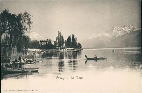 Ansichtskarte Vevey Panorama-Ansicht über den See mit Bootsfahrer 1913