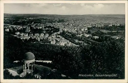 Ansichtskarte Wiesbaden Panorama-Ansicht mit Pavillon im Vordergrund 1932