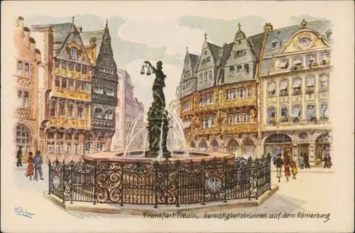 Ansichtskarte Frankfurt am Main Gerechtigkeitsbrunnen auf dem Römerberg 1922