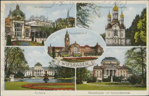 Wiesbaden Hauptbahnhof, Kochbrunnen, Gr. Kapelle, Kurhaus, Staatstheater 1929