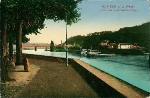 Ansichtskarte Hameln Dampfer, Stadt und Eisenbahnbrücke 1918 