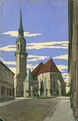 Ansichtskarte Radeberg Straßenpartie - Kirche 1925 