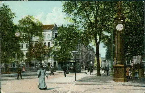 Ansichtskarte Düsseldorf Standuhr, Straßenbahn - Bazarstraße 1918 