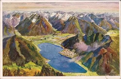 Zell am See Panorama-Ansicht - mit See und dem Ort - Zeichnung 1925