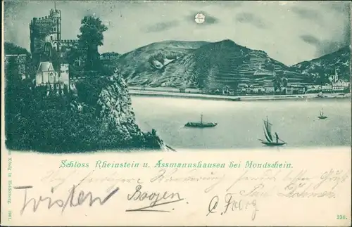 Assmannshausen  Rüdesheim (Rhein) Schloss Rheinstein, Stadt b Mondschein 1901