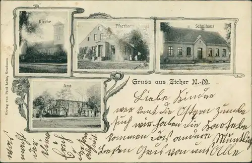 Cychry-Neudamm (Neumark) Dębno 4 Bild: Kirche, Pfarrhaus, Schulhaus, Amt 1908 