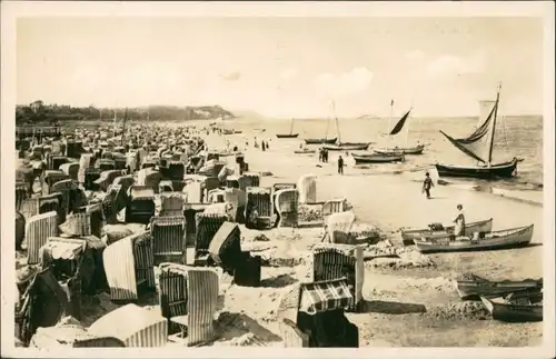 Ansichtskarte Ahlbeck (Usedom) Segelboote, Strandkörbe 1953 