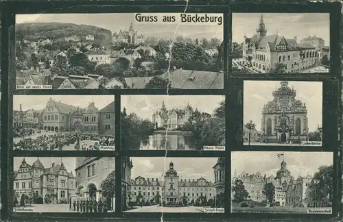 Ansichtskarte Bückeburg MB: Markttag, Schloß, Panorama ua 1915 