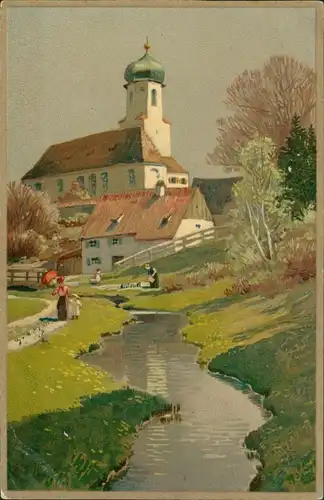 Ansichtskarte  Künstlerkarte: Kirche am Fluss 1908 