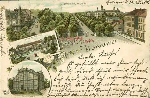 Litho AK Hannover Litho AK: Heerhauser Allee, Schloss, Palmengarten 1898 