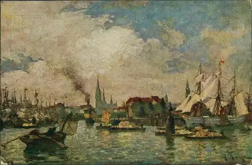 Ansichtskarte  Künstlerkarte: Segelschiffe, Hafen 1912 