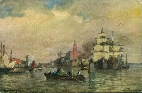 Ansichtskarte  Gemälde, Segelschiffe vor der Stadt 1912 