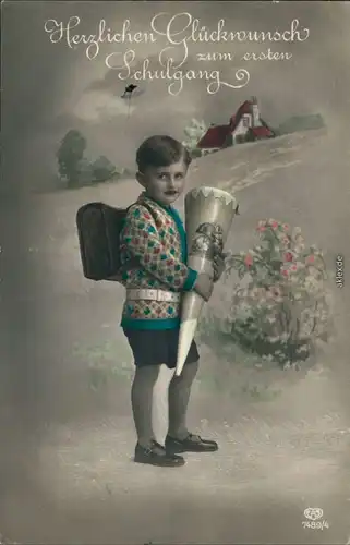  Glückwunsch - Schulanfang/Einschulung - Junge mit Zuckertüte 1918