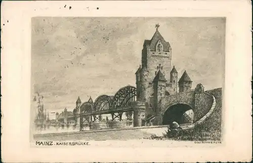 Ansichtskarte Mainz Kaiserbrücke Künstlerkarte 1914