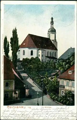 Postcard Reichenau in Sachsen Bogatynia kirche und Straße 1908
