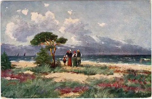 Ansichtskarte  Gemälde: Familie am Strand neben Baum 1916