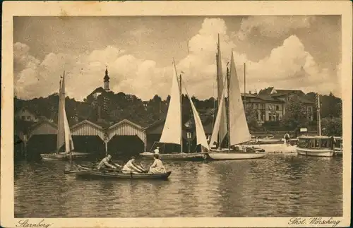 Ansichtskarte Starnberg Hafen, Bootshäuser, Stadt 1935
