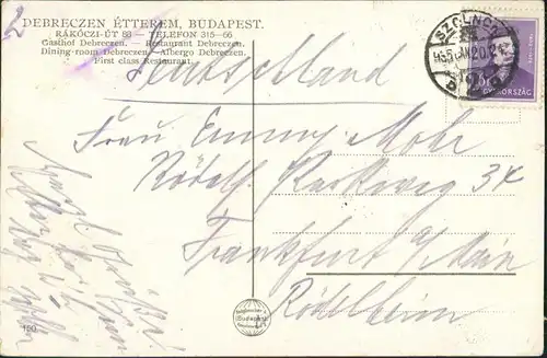 Postcard Budapest Rakoczi Ut 88 Restaurant Debreczen 1924 