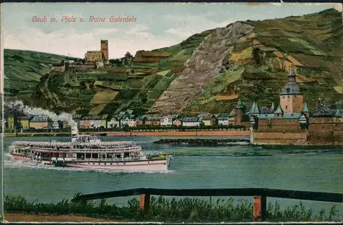 Ansichtskarte Kaub Burg Gutenfels mit Fähre auf dem Rhein 1909