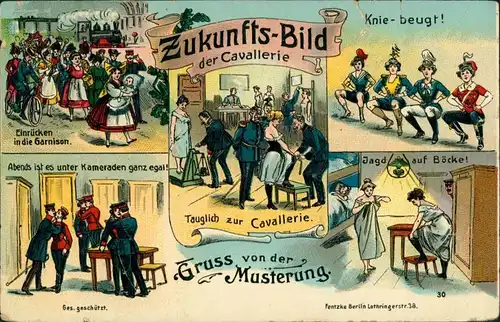 Ansichtskarte  Scherzkarte, Zukunftsbild der Kavallerie, Musterung 1907