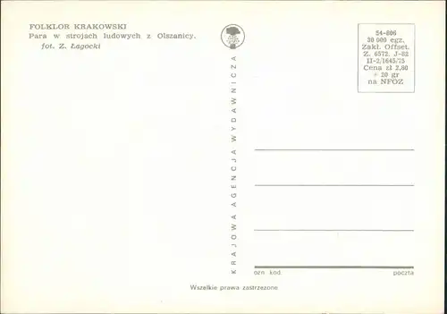 Olszanica FOLKLOR KRAKOWSKI: Para w strojach ludowych z Olszanicy. 1975