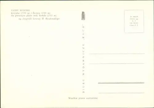 Postcard Zakopane TATRY WYSOKIE, Kościelec i Swinica/Hohe Tatra 1971