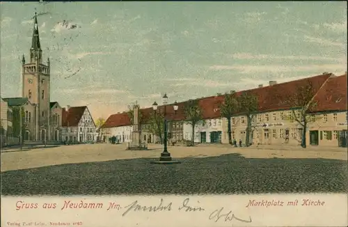 Postcard Neudamm (Neumark) Dębno Marktplatz und Kirche 1903