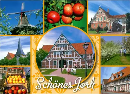 Ansichtskarte Jork Windmühle und Fachwerkhäuser, Obstkorb 2000