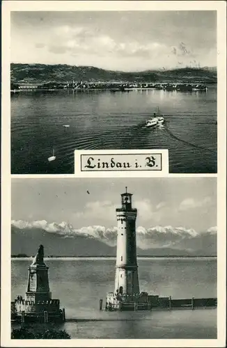 Ansichtskarte Lindau (Bodensee) Dampfer auf dem See, Hafeneinfahrt 1959