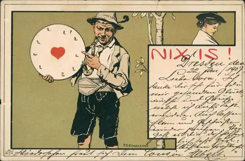 Ansichtskarte  Nix is! Scherzkarte Tracht, Liebesspiel Wurfscheibe Herz 1907