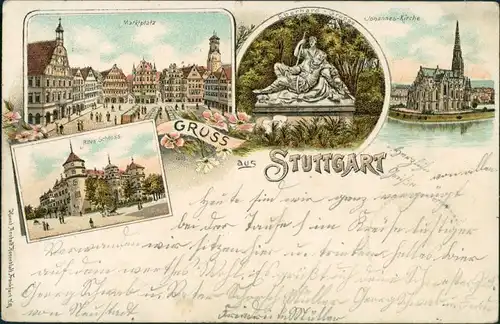 Litho AK Stuttgart Litho AK: Schloß, Markt, Kirche Gruss aus 1898 