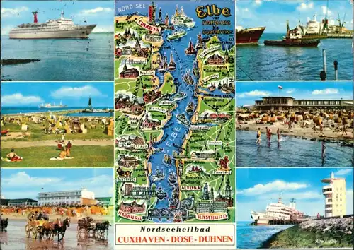 Ansichtskarte Cuxhaven Fähre, Karte, Hafen, Strand, Kutsche am Strand 1973
