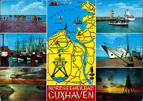 Cuxhaven Watt, Kai mit Fähre, Kutterhafen, Dämmerung, Kran 1978