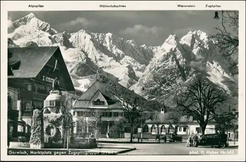 Ansichtskarte Garmisch-Partenkirchen Marktplatz mit Bergmassiv 1932