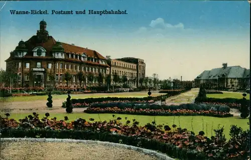 Ansichtskarte Wanne-Eickel-Herne Postamt - Hauptbahnhof 1938 