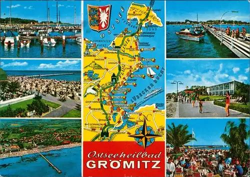 Grömitz (Holstein) Yachthafen, Seebrücke, Strand, Luftbild, Gaststätte 1989