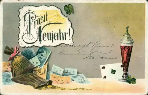 Ansichtskarte  Glückwunsch - Neujahr/Sylvester Geldschein Pokal 1908