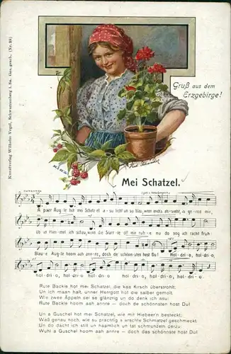 Ansichtskarte  Erzgebirge Liedkarte Frau Mei Schatzel 1909