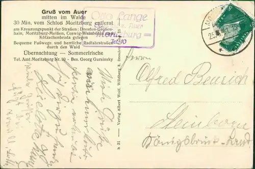 Ansichtskarte Auer-Moritzburg Gasthaus Auer 1931