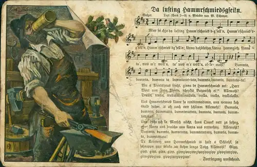 Ansichtskarte  Liedkarte Erzgebirge Da Lustig Hammrschmiedgselln 1909