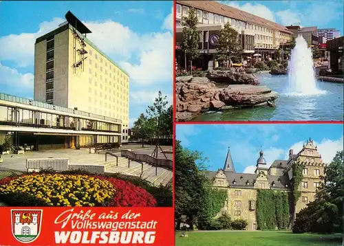 Ansichtskarte Wolfsburg Einkaufspassage, Schloß, Brunnen 1990