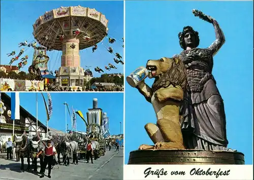 Ansichtskarte München Oktoberfest: Pferdewagen, Kettenkarussell 1998