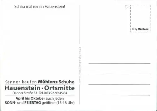 Hauenstein (Pfalz) Mühlenz Schuhe Werbekarte, Dahner Straße 53 2000