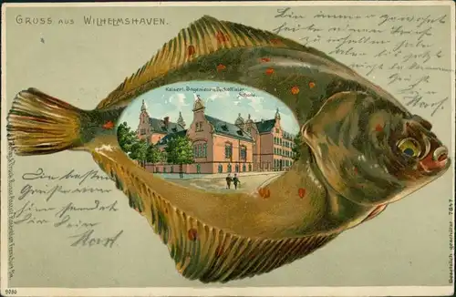 Wilhelmshaven Fisch-Litho: Kaiserl. Deckoffizier Schule 1910 Prägekarte