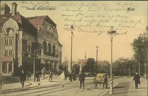 Ansichtskarte Kiel Straßenpartie - belebt - Neues Theater 1909 