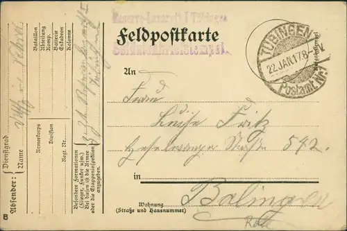 Ansichtskarte  Feldpostkarte 1. WK Tübingen 1917