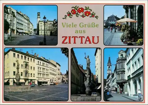 Ansichtskarte Zittau Markt, Brunnen, Straßen, Café 1990